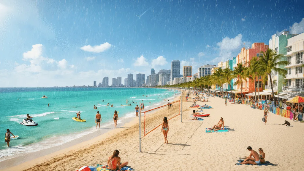 Miami's Sizzling Summer: Your Ultimate June Travel Guide "Photorealistic digital illustration of a lively South Beach scene in Miami during June, featuring a golden beach, turquoise ocean, colorful Art Deco buildings, people engaging in beach activities, eco-tourists observing wildlife, models on a runway, water sports, Juneteenth and Caribbean Heritage month decorations, a brief rain shower, and the Miami skyline in the evening glow."