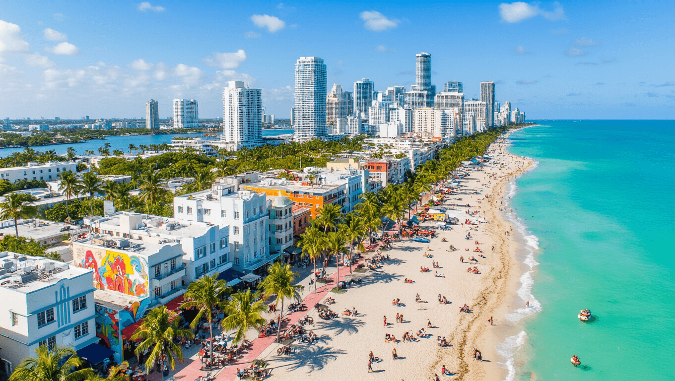 "Aerial view of Miami in February with Art Deco district, turquoise South Beach, Wynwood Walls street art, yacht show in marina, outdoor Cuban dining in Little Havana, Miami Beach Boardwalk and distant Everglades under clear blue skies."