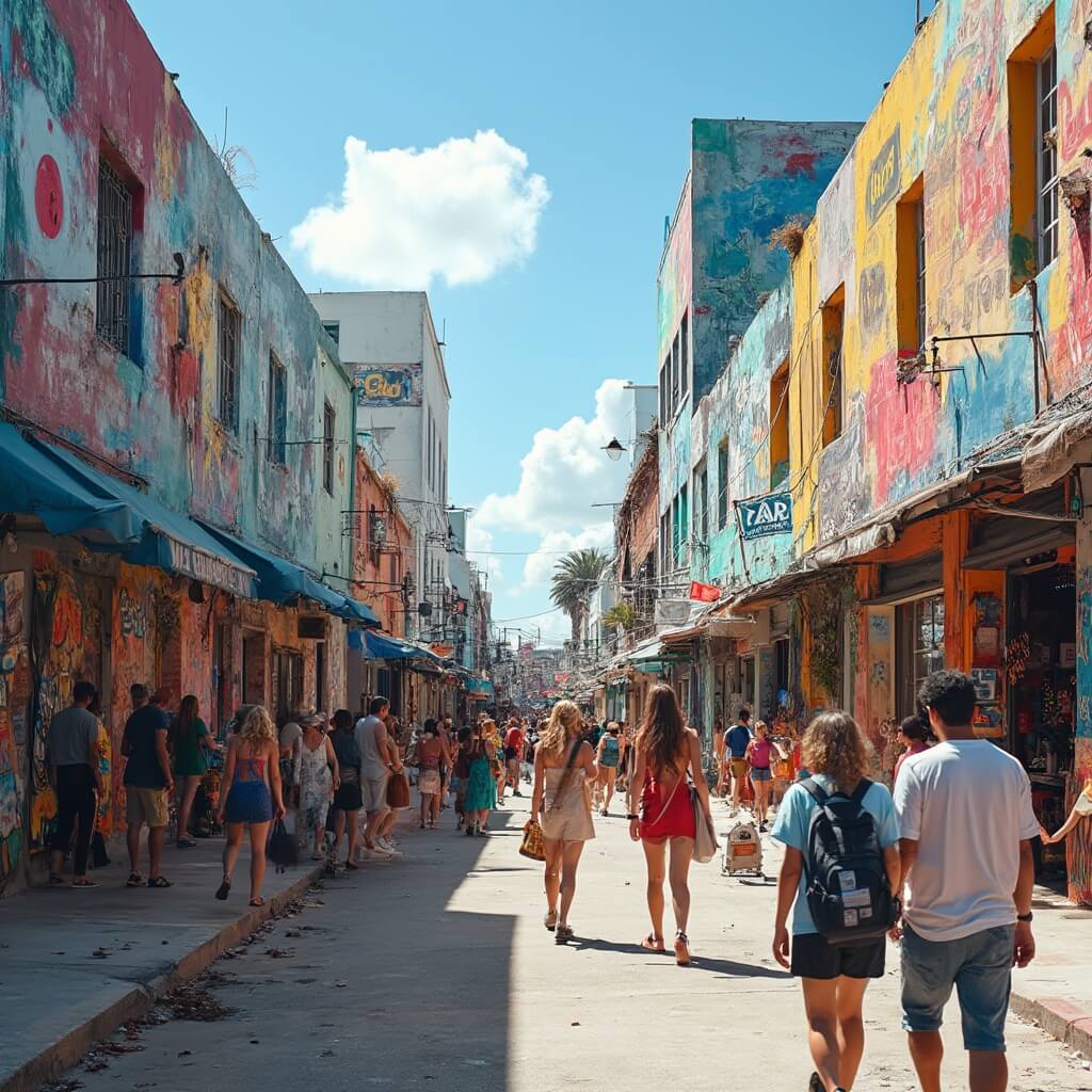 Miami in February: Your Ultimate Tropical Escape That's WAY More Than Just Beaches Diverse crowd exploring art galleries and boutique shops in Miami's bustling Wynwood district with large murals on warehouse walls, while tourists on a free walking tour in the foreground observe the vibrant artwork