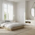 Photorealistic image of a contemporary Scandinavian minimalist bedroom, featuring a low-profile platform bed with white bedding, light grey pillows, and a built-in storage system, illuminated by warm morning sunlight filtering through sheer curtains.