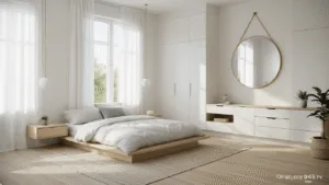 Bedroom Ideas for Small Rooms: Maximize Space, Style, and Comfort Photorealistic image of a contemporary Scandinavian minimalist bedroom, featuring a low-profile platform bed with white bedding, light grey pillows, and a built-in storage system, illuminated by warm morning sunlight filtering through sheer curtains.