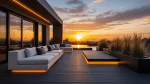 Black Decking Design: Transform Your Outdoor Space into a Modern Oasis A cinematic ultra-wide shot of a luxurious L-shaped black composite deck at sunset, featuring dramatic shadows, modern seating, LED lighting, and ornamental grasses, captured in hyper-realistic detail with teal and orange color grading.