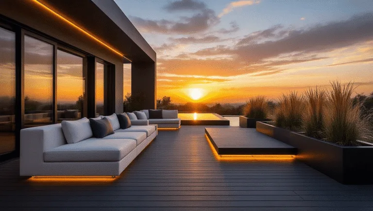 Black Decking Design: Transform Your Outdoor Space into a Modern Oasis A cinematic ultra-wide shot of a luxurious L-shaped black composite deck at sunset, featuring dramatic shadows, modern seating, LED lighting, and ornamental grasses, captured in hyper-realistic detail with teal and orange color grading.