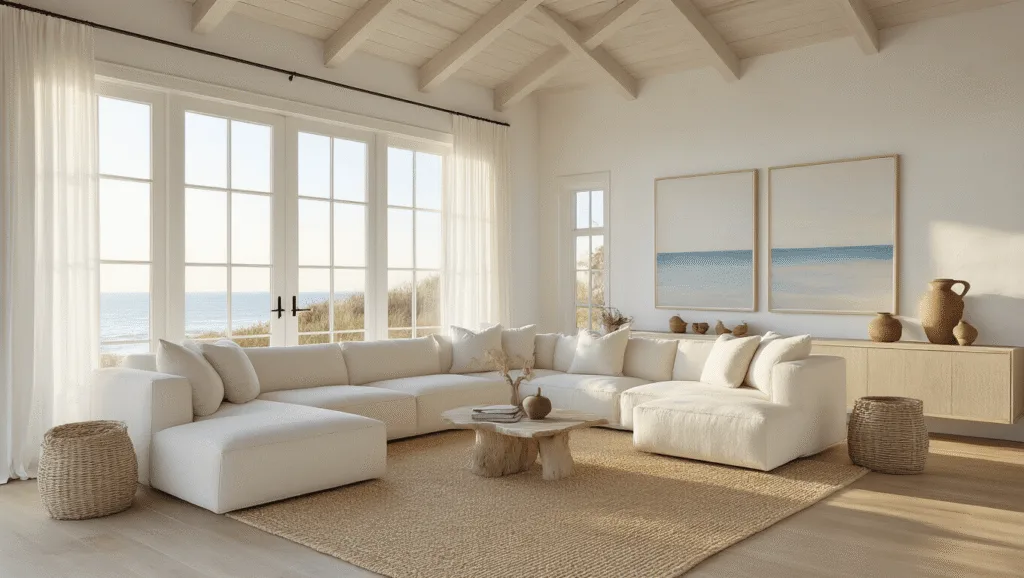 Modern Coastal Decor: Your Ultimate Guide to Creating a Breezy, Chic Living Space Photorealistic coastal living room bathed in golden hour sunlight, featuring a cream bouclé sectional sofa, layered natural fiber rugs, vaulted whitewashed ceiling beams, and minimal artwork, captured from a low corner angle with a soft focus on textural details.