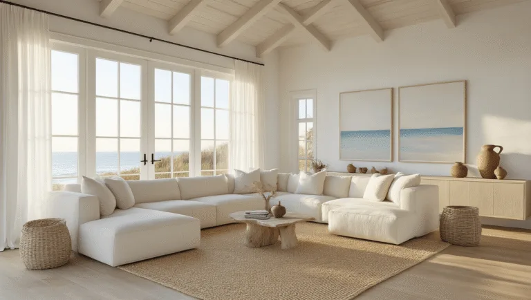 Modern Coastal Decor: Your Ultimate Guide to Creating a Breezy, Chic Living Space Photorealistic coastal living room bathed in golden hour sunlight, featuring a cream bouclé sectional sofa, layered natural fiber rugs, vaulted whitewashed ceiling beams, and minimal artwork, captured from a low corner angle with a soft focus on textural details.