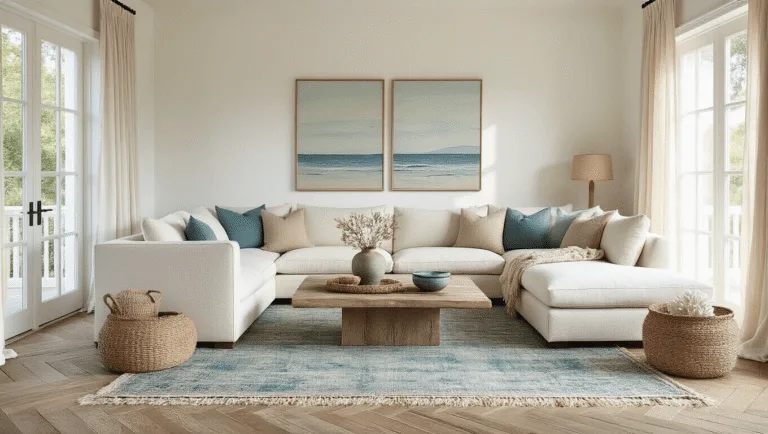 Unique Coastal Decor: Transforming Your Space with Seaside Sophistication Cinematic interior of a sun-drenched coastal living room with a Belgian linen sectional, whitewashed walls, herringbone wood floor, and layered vintage Moroccan rugs, showcasing large windows, handwoven baskets, and textured ceramics, all in a warm color palette.