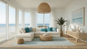 Coastal Chic Decor: Elevate Your Home with Effortless Seaside Sophistication A wide-angle view of a luxurious coastal living room featuring a cream linen sectional with blue pillows, large windows allowing natural light, woven rattan pendant lamp, bleached oak floors with jute and wool rugs, and a minimalist console with ceramics and coral, all highlighted by sheer curtains and an abstract seascape.