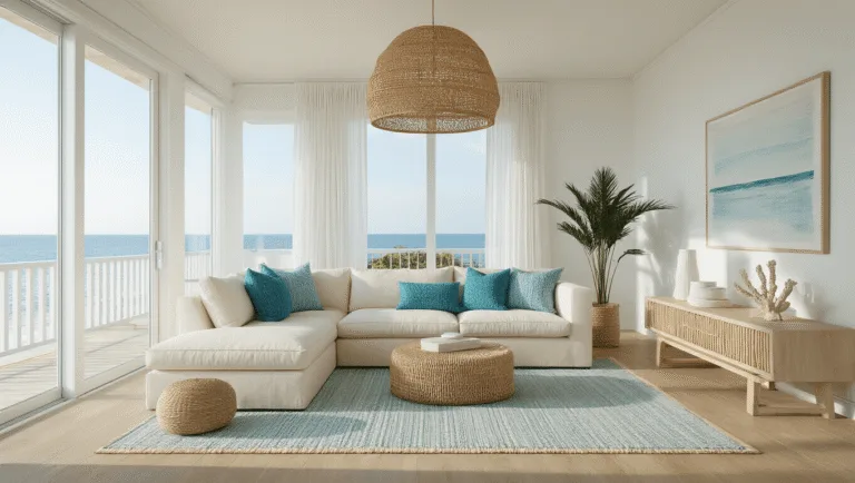 Coastal Chic Decor: Elevate Your Home with Effortless Seaside Sophistication A wide-angle view of a luxurious coastal living room featuring a cream linen sectional with blue pillows, large windows allowing natural light, woven rattan pendant lamp, bleached oak floors with jute and wool rugs, and a minimalist console with ceramics and coral, all highlighted by sheer curtains and an abstract seascape.