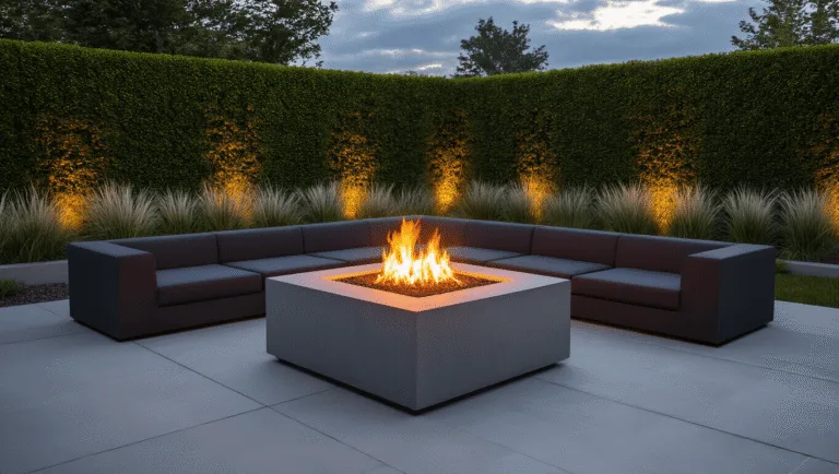 Concrete Fire Pits: The Ultimate Guide to Creating Your Backyard Centerpiece Photorealistic image of a modern square concrete fire pit surrounded by charcoal sectional seating in a minimalist backyard at twilight, with warm flames and subtle smoke creating a cozy atmosphere, illuminated by architectural LED uplighting against geometric hedges and silver grass.