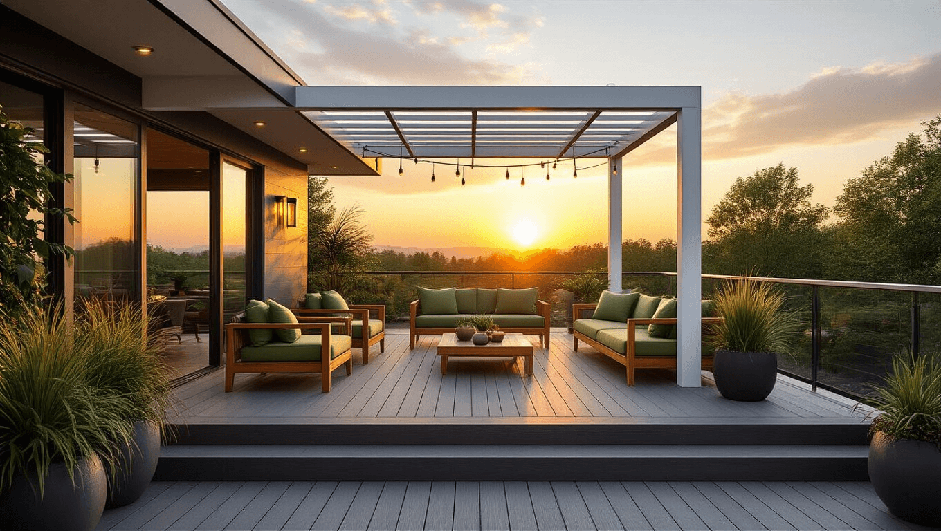 A luxurious corner deck at sunset featuring a charcoal composite deck, sleek white aluminum pergola, mid-century modern furniture with sage green cushions, potted plants, string lights, and a small water feature, all captured in a warm, photorealistic style.