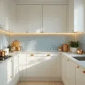 Photorealistic image of a compact galley kitchen featuring floor-to-ceiling white lacquered cabinets with brass hardware, marble countertops, and pale blue subway tile backsplash, illuminated by golden hour sunlight and under-cabinet LED lighting, showcasing organized pull-out drawers and minimalist decor.