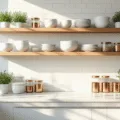 Photorealistic image of a sunlit modern kitchen featuring three-tiered floating oak shelves, white ceramic dinnerware, glass storage containers, and potted herbs against a white subway tile backsplash, captured at a 45-degree angle with soft natural lighting.