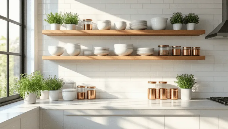Kitchen Open Shelving: Transform Your Space with Modern Decor Magic Photorealistic image of a sunlit modern kitchen featuring three-tiered floating oak shelves, white ceramic dinnerware, glass storage containers, and potted herbs against a white subway tile backsplash, captured at a 45-degree angle with soft natural lighting.