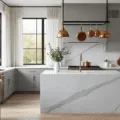 A luxurious modern kitchen features light gray shaker cabinets, a white Carrara marble waterfall island, and dark charcoal quartz countertops, illuminated by natural sunlight from floor-to-ceiling windows. Copper cookware hangs from a matte black pot rack, while fresh eucalyptus and artisanal wooden cutting boards add a touch of warmth. The space has wide-plank white oak flooring and is styled with warm brass pendant lights, captured in photorealistic detail.