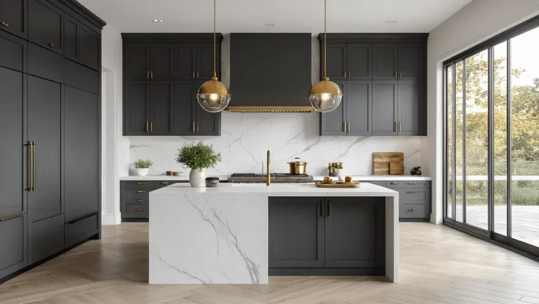Dark Gray Kitchen Cabinets: The Ultimate Style Guide for a Sophisticated Modern Kitchen Hyperrealistic wide-angle shot of a luxury modern kitchen featuring slate gray shaker cabinets, a white quartz waterfall island, and dramatic morning light illuminating the space. The design includes brass pendant lights, wide-plank white oak flooring, minimal styling with copper cookware and fresh herbs, a herringbone marble backsplash, and high-end appliances, all captured in warm golden hour lighting with a subtle depth of field.