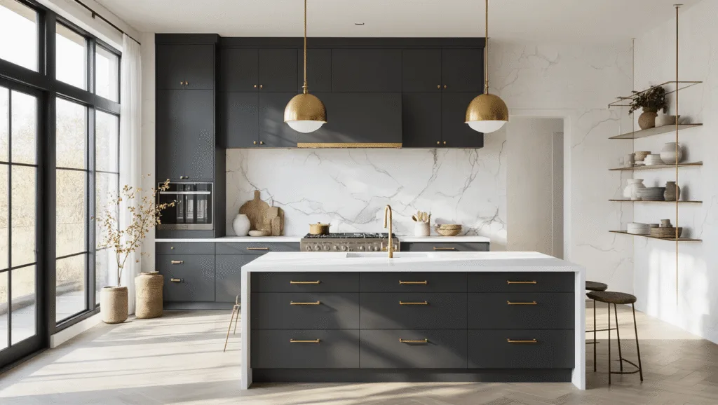 Photorealistic interior of a modern minimalist kitchen featuring charcoal gray lower cabinets, a white quartz waterfall island, a dramatic marble backsplash, and industrial brass pendant lights, illuminated by morning sunlight and showcasing curated ceramics on floating metal shelves.