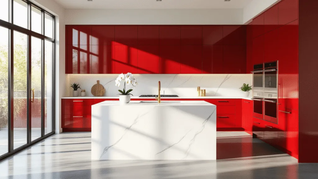 Photorealistic image of a luxurious modern kitchen featuring vibrant cherry red cabinets, white quartz countertops, a large island, stainless steel appliances, and brushed gold hardware, illuminated by warm natural light through floor-to-ceiling windows, with polished concrete floors and minimal styling.