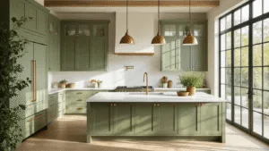Light Green Kitchen Cabinets: Transform Your Culinary Space with Serene, Stylish Charm A contemporary kitchen with sage green shaker cabinets, brass hardware, and white Carrara marble countertops, illuminated by natural daylight through large windows, featuring a spacious island, terracotta herb pots, and a glossy subway tile backsplash.