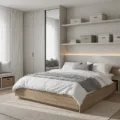 A serene contemporary bedroom featuring a weathered oak storage bed, white linens, and gray pillows, with soft morning light, minimalist decor, and a muted color palette.