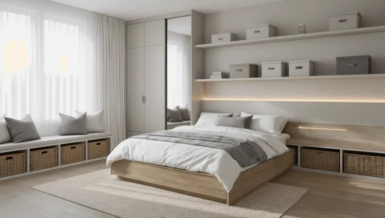 Bedroom Storage Ideas: Transform Your Space from Cluttered to Chic A serene contemporary bedroom featuring a weathered oak storage bed, white linens, and gray pillows, with soft morning light, minimalist decor, and a muted color palette.