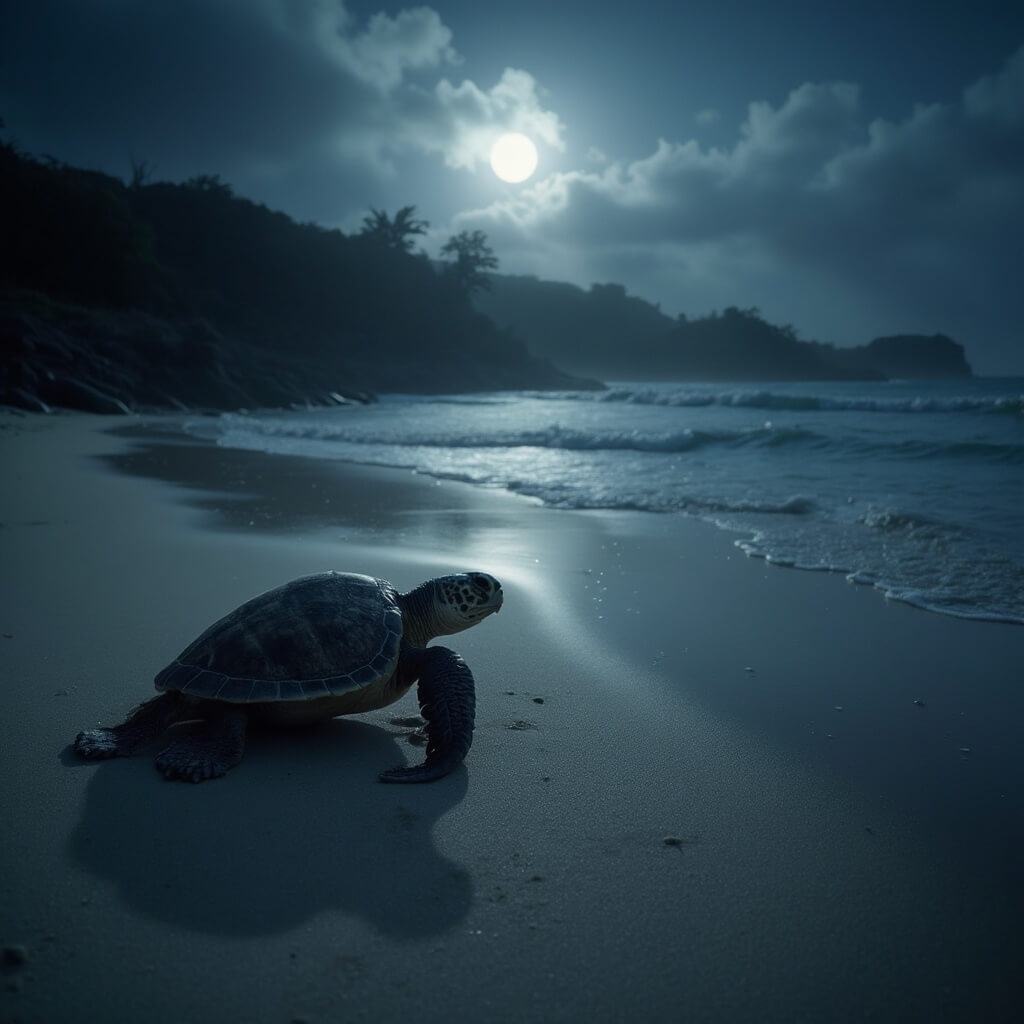 Why Cocoa Beach in October is Your Ultimate Hidden Paradise (And Why You'll Regret Missing It) Sea turtle emerging from beach under moonlight with waves in the distance and dark coastal vegetation in the background