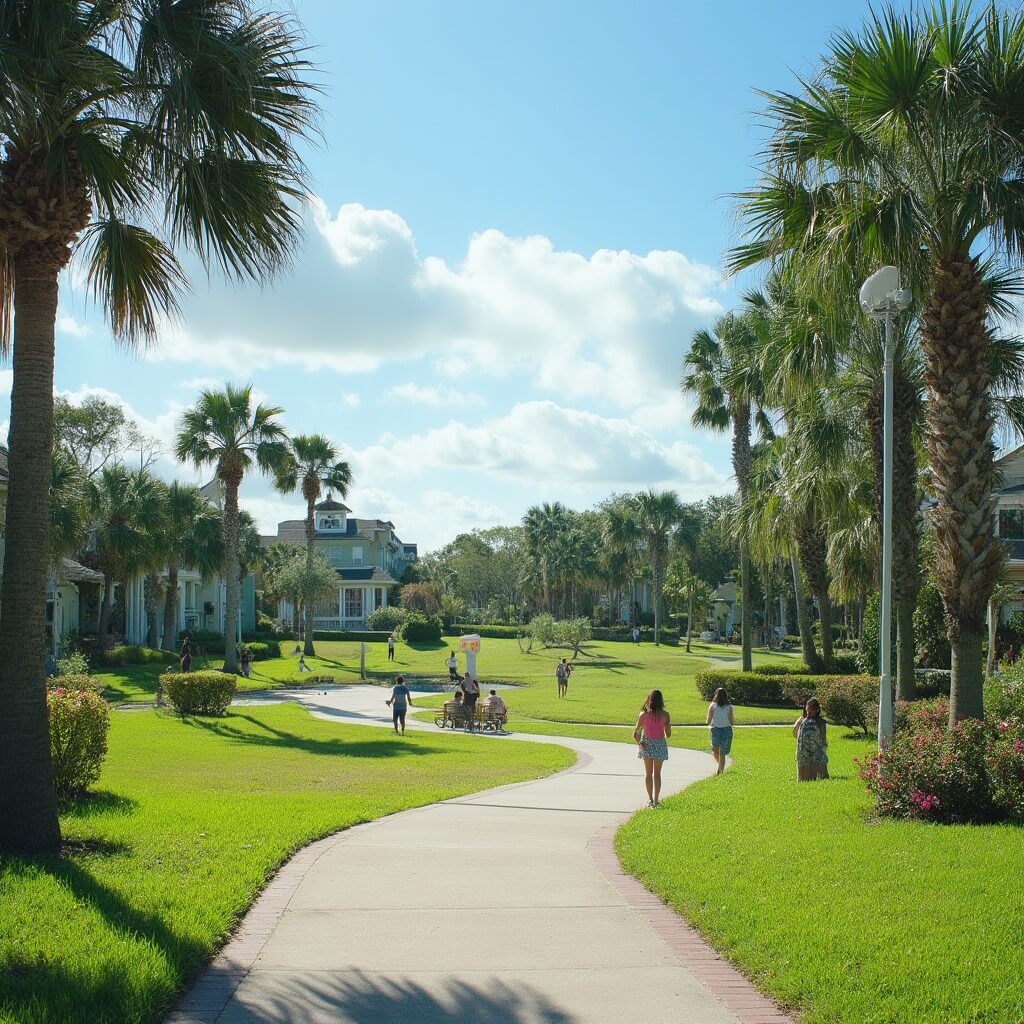 Lush green parks and palm trees under clear blue sky with people enjoying a mild February day in Orlando, in a professional travel photography style