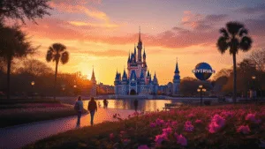 Unlock Orlando's February Magic: Your Ultimate Insider's Guide "Panoramic sunset view of Orlando skyline featuring iconic theme park attractions, blooming flowers, and palm trees, with tourists enjoying the mild February weather."