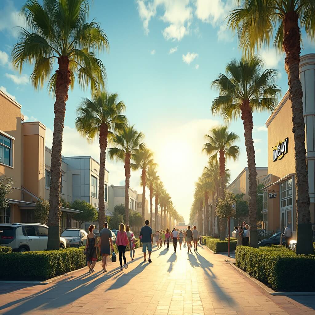 Why Orlando in January Will Blow Your Mind: The Ultimate Winter Escape Guide Sunny Orlando winter landscape with tourists, lush palm trees, clear blue sky, urban elements under golden sunlight