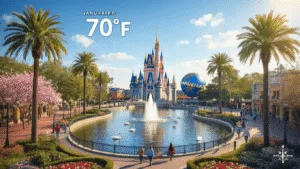 Why Orlando in January Will Blow Your Mind: The Ultimate Winter Escape Guide "Aerial view of sunny Orlando in January, showcasing sunlit theme parks, Lake Eola, swan boats, and visitors enjoying the outdoors, with a thermometer reflecting 70°F."