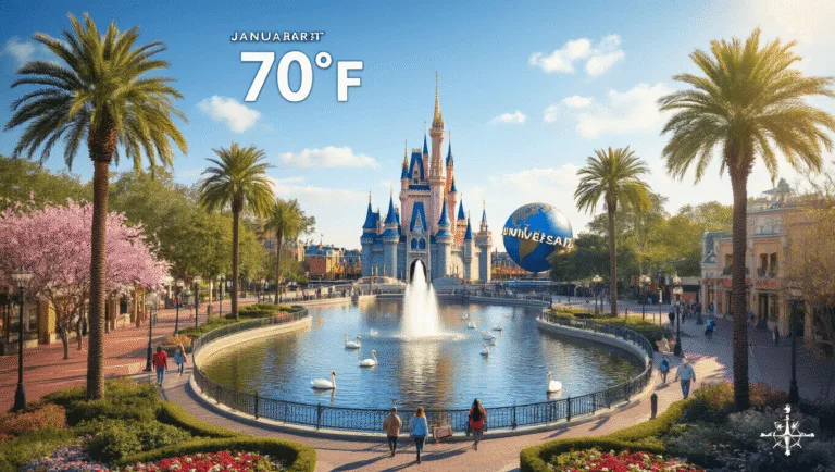 Why Orlando in January Will Blow Your Mind: The Ultimate Winter Escape Guide "Aerial view of sunny Orlando in January, showcasing sunlit theme parks, Lake Eola, swan boats, and visitors enjoying the outdoors, with a thermometer reflecting 70°F."