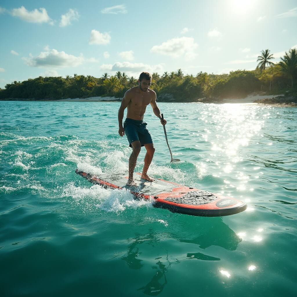 Why Cocoa Beach in June Will Blow Your Mind: The Ultimate Sun-Soaked Adventure Guide Stand-up paddleboarder in bright clothing navigating sparkling coastal waters near the Thousand Islands with sunlight reflecting off the water and lush tropical vegetation on distant shore