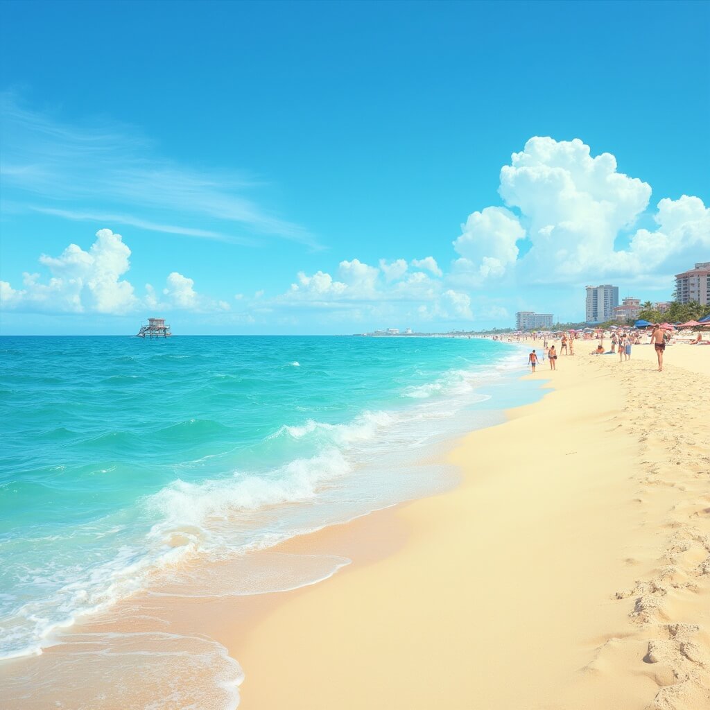 Why Cocoa Beach in June Will Blow Your Mind: The Ultimate Sun-Soaked Adventure Guide Sunny day at Cocoa Beach with clear blue waters, golden sand, distant lifeguard tower, beachgoers with umbrellas, and wispy clouds in the sky