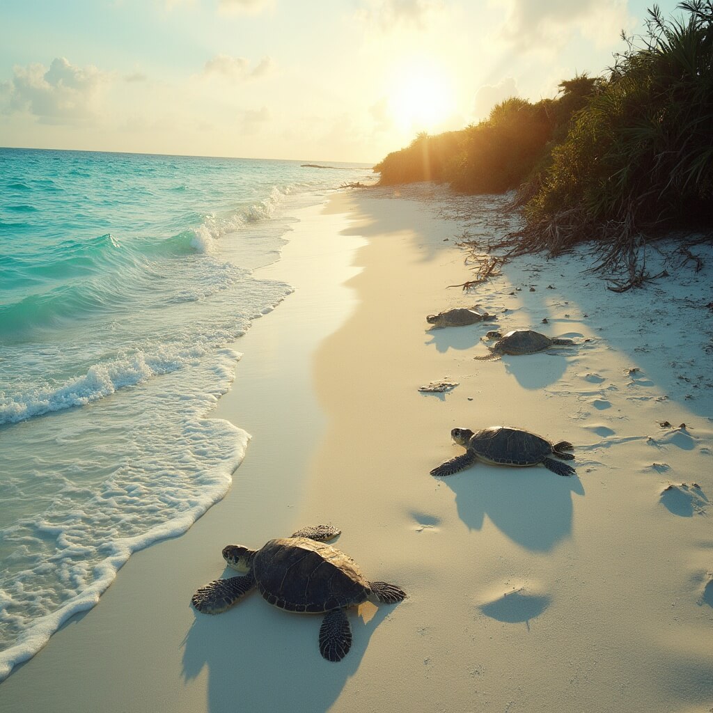 South Beach in April: Your Ultimate Paradise Playground (Without the Summer Crowds!) South Beach sunrise with sea turtle nests, tropical vegetation, and turquoise ocean view in a natural conservation environment, no people visible