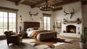 🤠Western Bedroom Design: Creating Your Perfect Rustic Retreat Photorealistic interior of a spacious western luxury bedroom featuring a reclaimed barn wood king bed with a tufted cognac leather headboard, cream linen bedding, a vintage saddle leather armchair, and a floor-to-ceiling stone fireplace, accented by wrought-iron chandelier, mounted antlers, and southwestern pattern pillows, illuminated by golden hour sunlight.