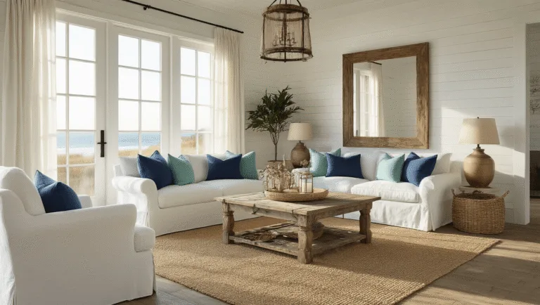 Coastal Farmhouse Decor: Your Ultimate Guide to Creating a Serene, Stylish Space Sun-drenched coastal farmhouse living room with a white slipcovered sofa, navy and seafoam pillows, reclaimed driftwood coffee table, and warm golden hour lighting streaming through sheer linen curtains, featuring a shiplap accent wall and a fiddle leaf fig in the corner.