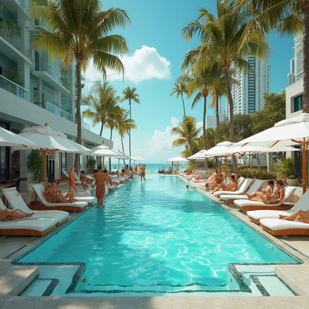 South Beach Unleashed: Your Ultimate July Travel Guide Luxurious South Beach hotel pool area with glistening turquoise water, white loungers and cabanas, guests relaxing with cocktails, palm trees for shade and high-rise buildings in the background
