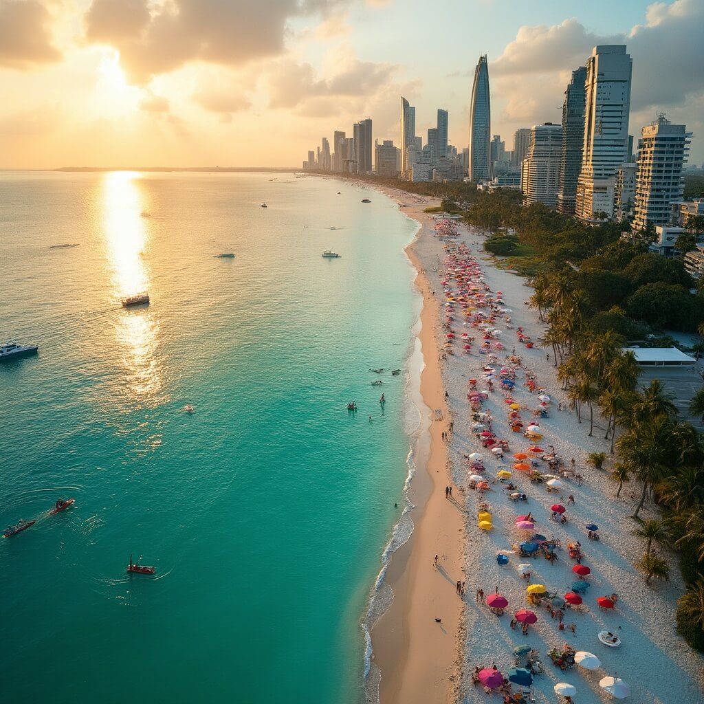 Why South Beach in June Will Make Your Summer Epic (Without Breaking the Bank) Aerial view of South Beach at sunset with turquoise waters, white sandy beaches, colorful umbrellas, paddleboarders, boats, palm trees, and modern skyline.