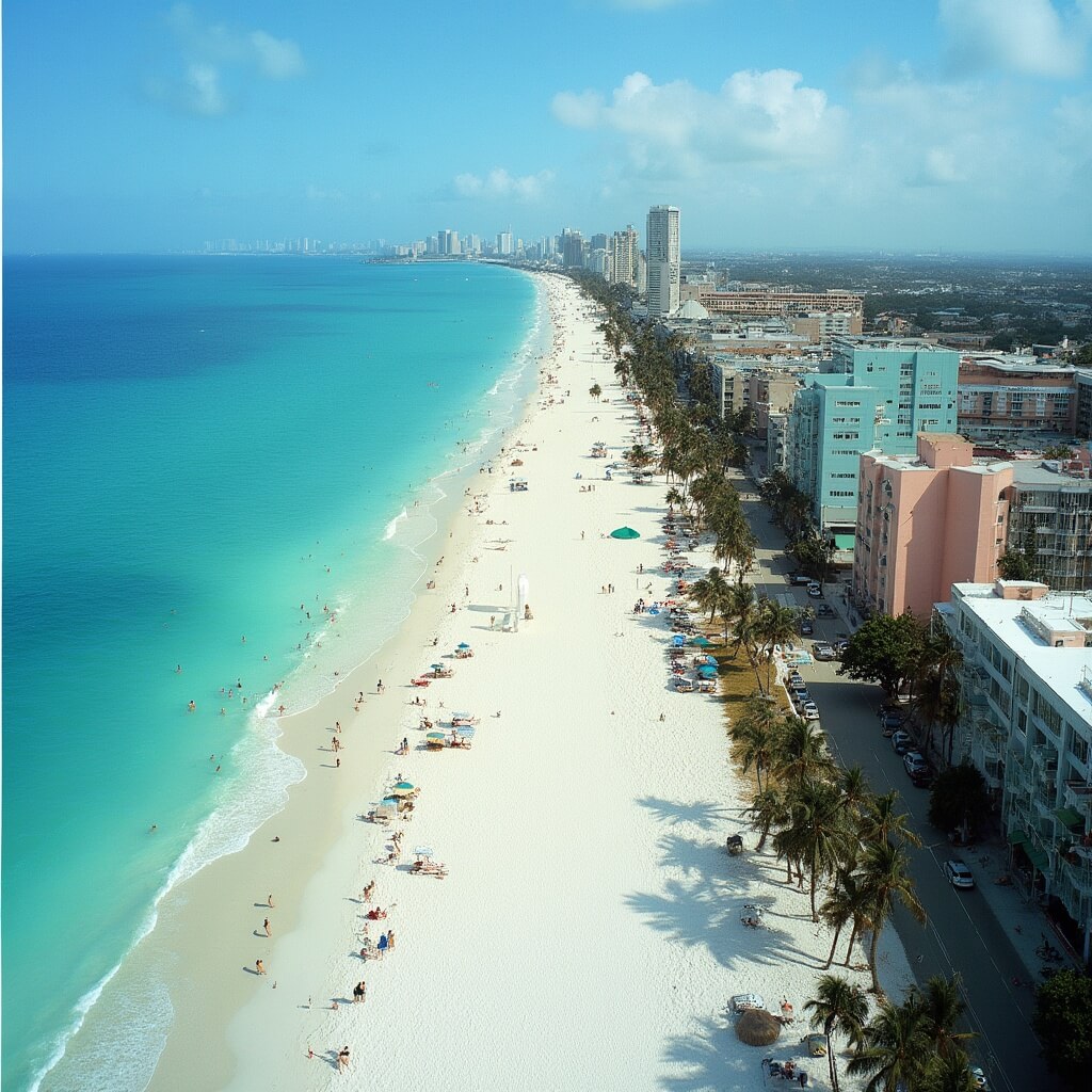 South Beach in February: Your Ultimate Warm Weather Escape Guide Aerial view of South Beach shoreline with turquoise waters, sunbathers, palm trees, Miami skyline and small boats in the distance.