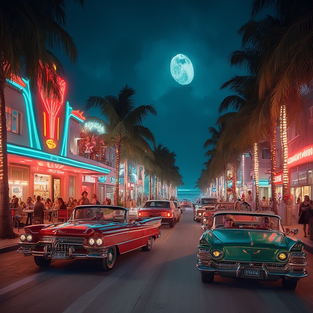 South Beach in May: Your Ultimate Paradise Escape (Without the Tourist Traps!) Neon-lit Art Deco hotels and bustling street cafes on South Beach's Ocean Drive at night with vintage cars, palm trees, dining people, and a distant rooftop bar under a moonlit ocean view.