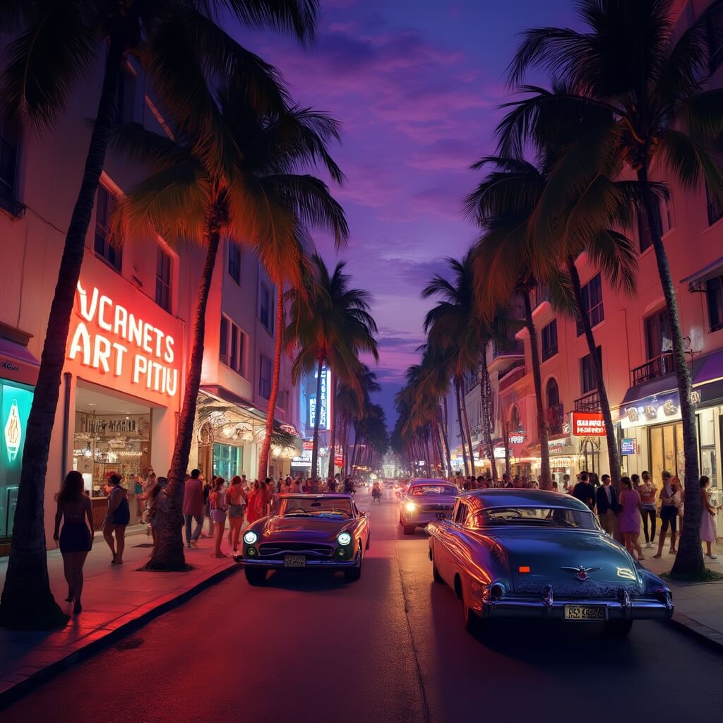 South Beach in April: Your Ultimate Paradise Playground (Without the Summer Crowds!) Vibrant nightlife in South Beach with neon-lit Art Deco hotels, people socializing outside trendy clubs, vintage cars cruising on Ocean Drive, and palm tree silhouettes against a deep purple twilight sky.