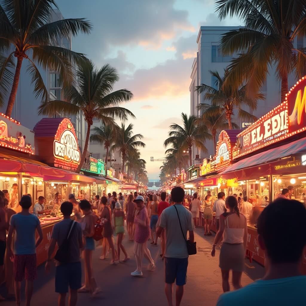 Miami in October: Your Ultimate Tropical Playground Awaits (Without the Summer Sweat) Crowd enjoying South Beach Seafood Festival with colorful food stalls and palm trees under warm evening light, depicting a bustling culinary carnival atmosphere in high definition photorealistic style