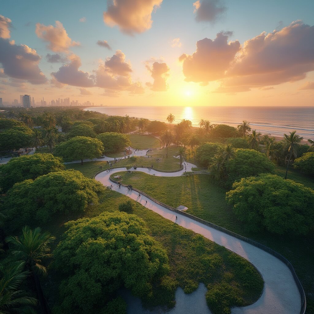 Why South Beach in August is Your Secret Summer Paradise (Even When It's Blazing Hot) Breathtaking sunset at South Pointe Park with sweeping ocean view, meticulously landscaped greenery, modern urban walkways, dramatic sky in orange and blue tones, distant silhouette of Miami skyline, and detailed tropical vegetation and coastal environment.