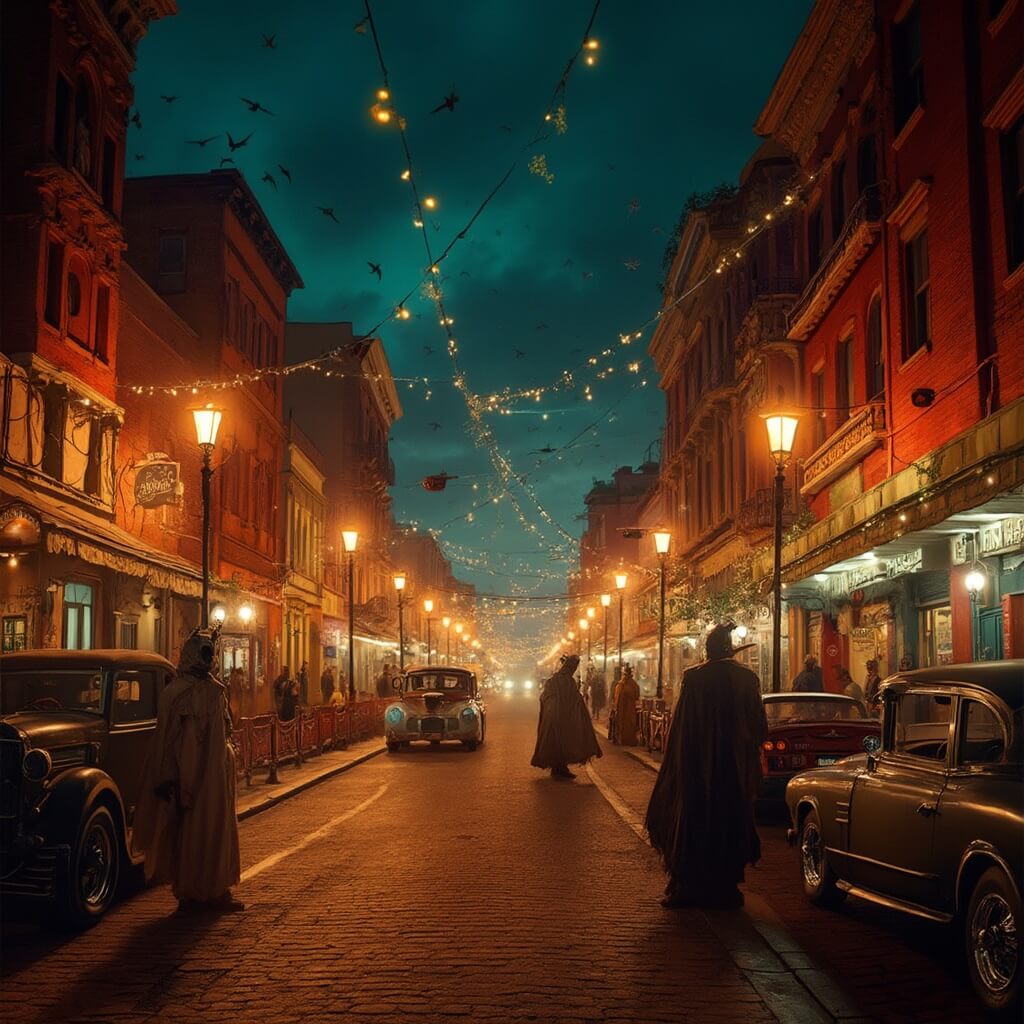 Tampa in October: Your Ultimate Guide to Fall Fun in Florida's Sunshine City Halloween night in Ybor City featuring vintage architecture, glowing streetlamps, costumed people, red brick buildings, parked vintage cars and a rich cultural atmosphere with a mysterious vibe.