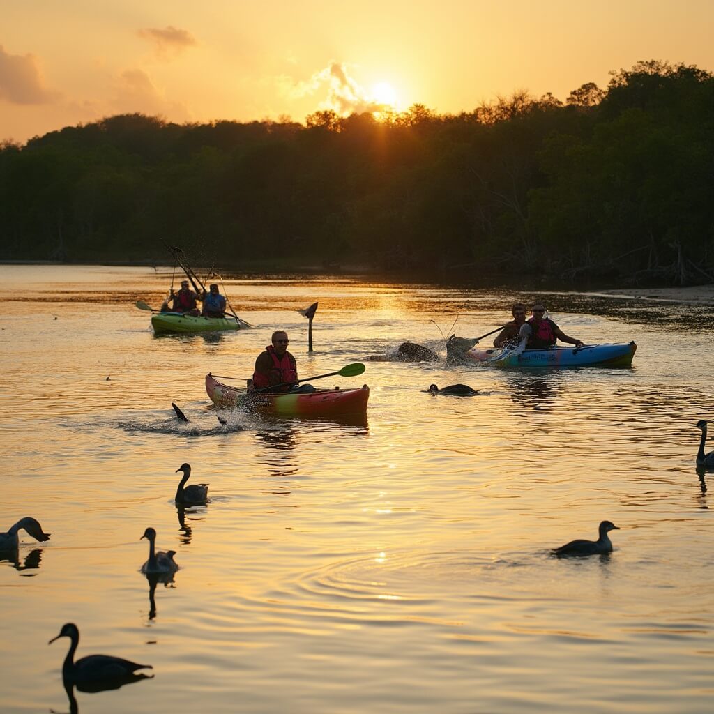 Cocoa Beach in April: Your Ultimate Guide to Florida's Hidden Spring Paradise Dolphins frolicking around kayaks during sunrise on Banana River, with mangroves and wading birds in the background