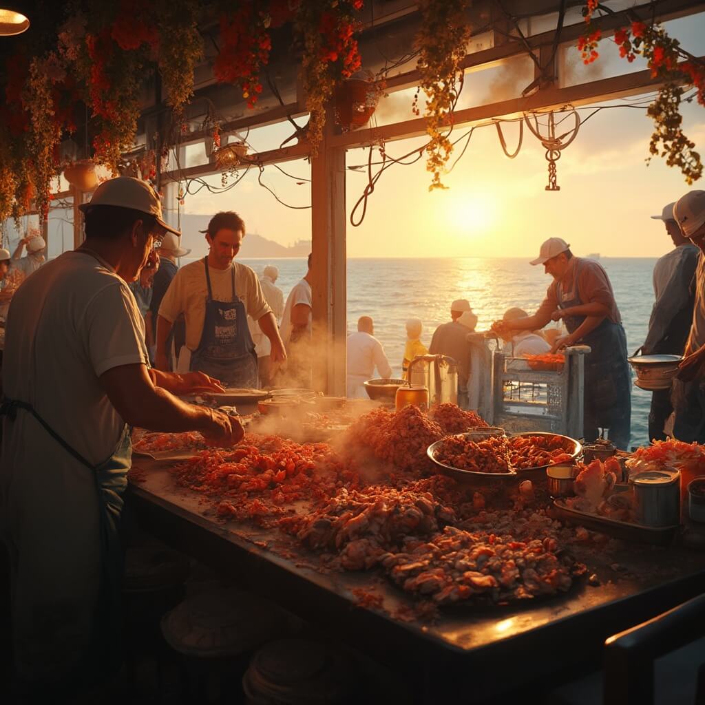 Cocoa Beach in August: Your Ultimate Sizzling Summer Survival Guide Oceanfront restaurant at sunset with fresh seafood being prepared, fishermen bringing in the day's catch, and the view of the ocean visible through the windows, illustrating a vibrant maritime culinary scene with no people's faces visible