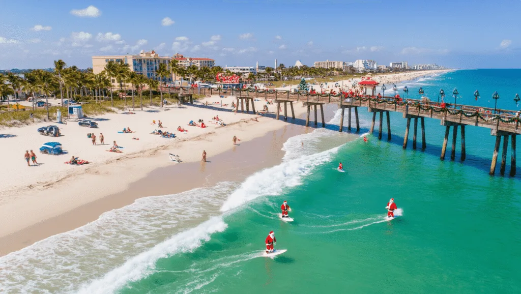 Why Cocoa Beach in December is Your Secret Winter Paradise (Without the Snow) "Surfers dressed as Santa Claus riding waves near the decorated Cocoa Beach Pier, with holiday beachgoers, adorned palm trees, and lit boats in the background, under the warm winter sun in Cocoa Beach, Florida."