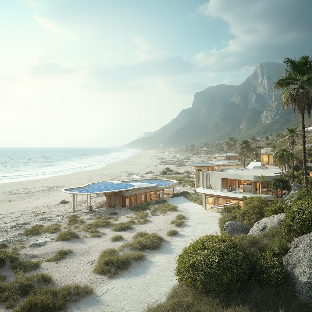 Why Cocoa Beach in July Will Blow Your Mind (Without Blowing Your Budget) Futuristic sustainable beach landscape featuring advanced eco-friendly infrastructure, solar-powered amenities, and modern conservation area with native plants, complemented by minimalistic design and technology elements, illuminated by soft natural light.