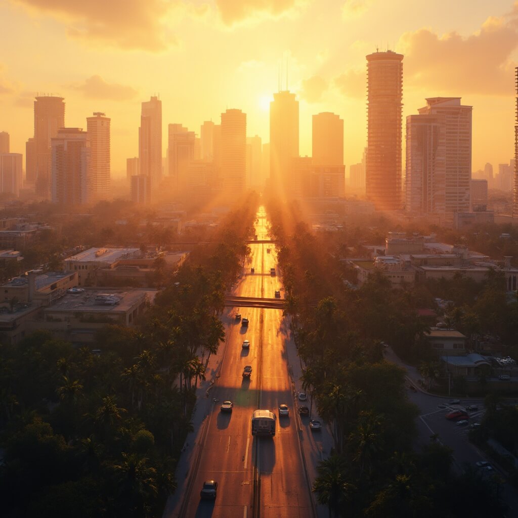 Tampa in August: Your Ultimate Insider's Guide to Surviving (and Thriving) in Florida's Hottest Month Aerial view of Tampa city skyline at golden hour, sun casting long shadows on modern buildings and palm trees, with warm orange and yellow hues