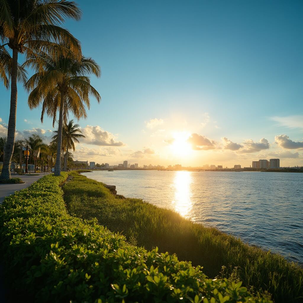 Tropical Paradise Awaits: Why Tampa in February is Your Ultimate Winter Escape Sunset view of Tampa Bay with clear blue skies, sunlight reflecting off water, swaying palm trees and lush greenery in the forefront, distant cityscape in background, creating a peaceful and inviting atmosphere.