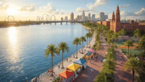 Unlocking Tampa's March Magic: Your Ultimate Guide to Sun, Culture, and Adventure "Aerial view of Tampa's downtown waterfront featuring the Riverwalk, University of Tampa, Gasparilla Arts Festival, Busch Gardens, a spring training facility, and Ybor City on a sunny March day."